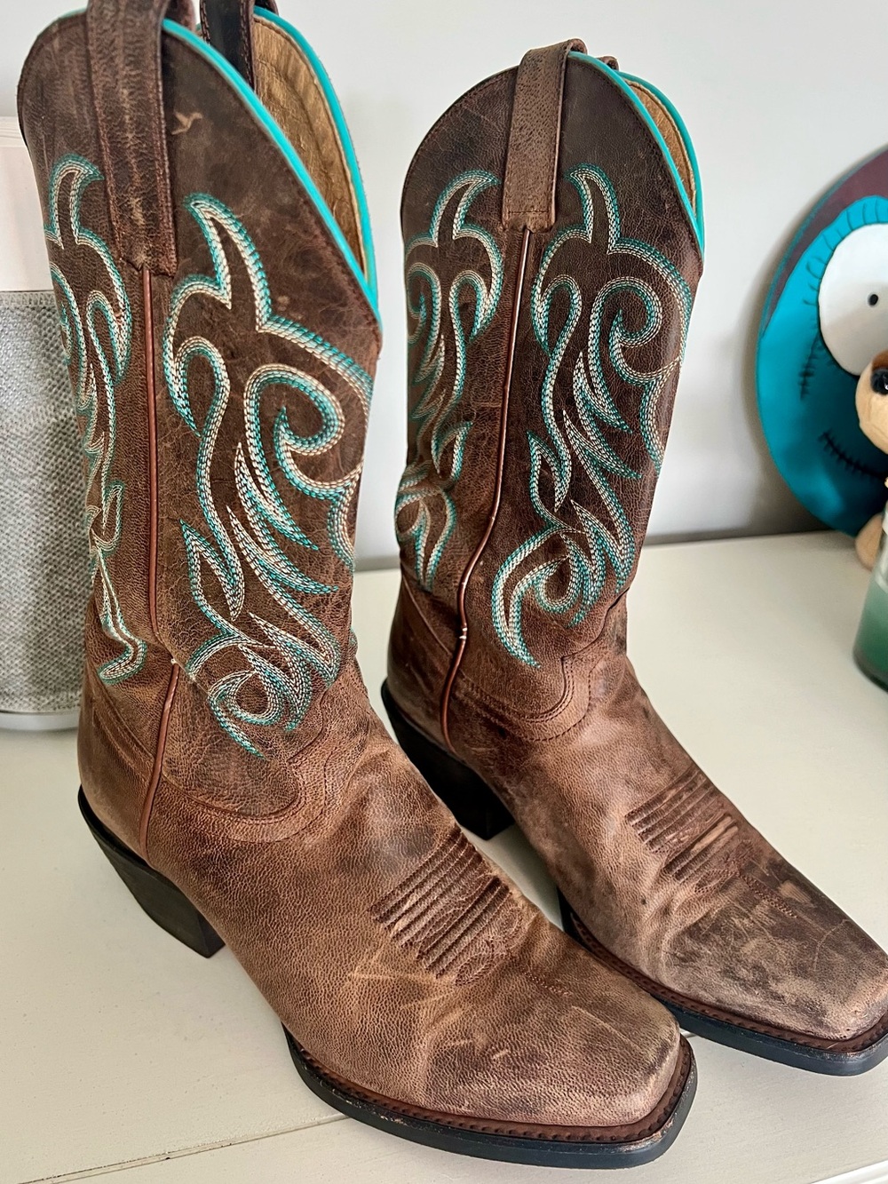 Shyanne Brown Leather Heeled Boots with Turquoise Stitching